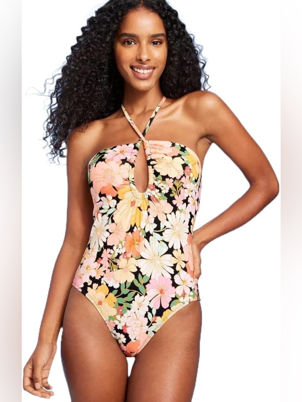 Shade & Shore Halter Keyhole Bandeau One Piece Swimsuit NEW Size Large Floral - Picture 1 of 14